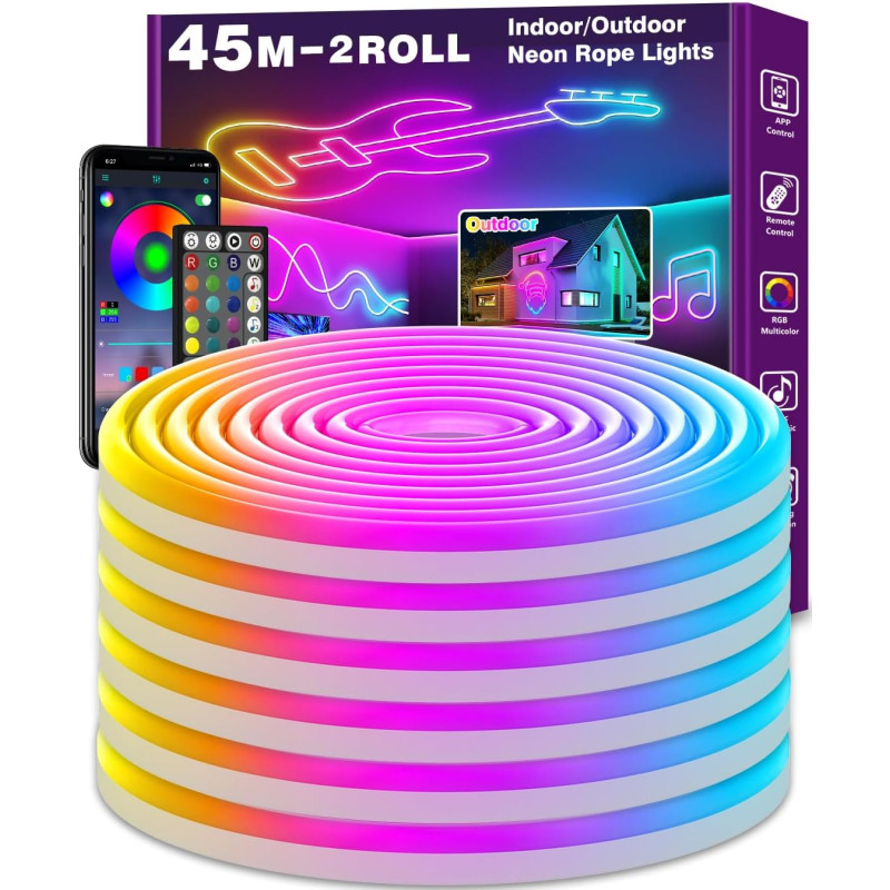 Tira de neón LED LETIANPAI RGB IP65 de 45 m con control flexible para exteriores