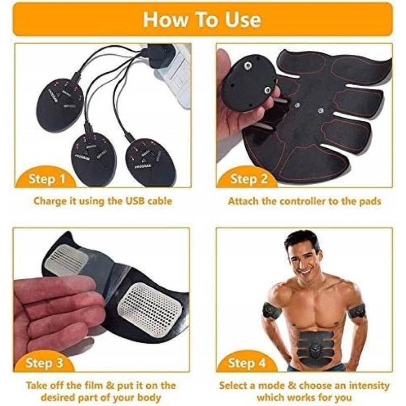 Electroestimulador muscular EMS de 6 programas para ejercicios pasivos y rehabilitación de músculos abdominales y de brazos.