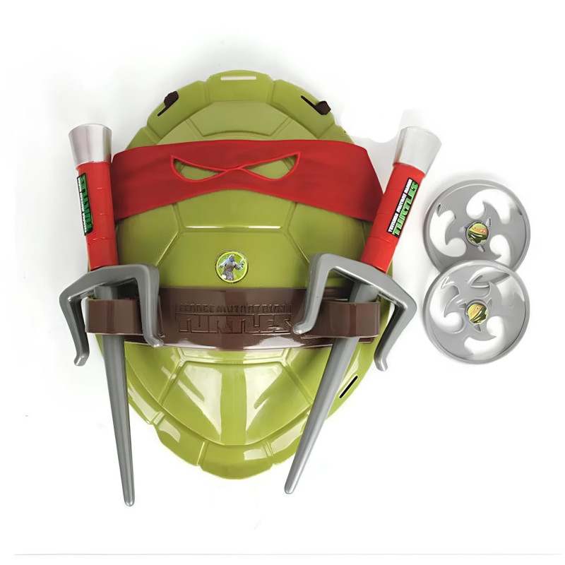 Set interactivo de las Tortugas Ninja: tridente, vendaje, shuriken y caparazón de Rafael.
