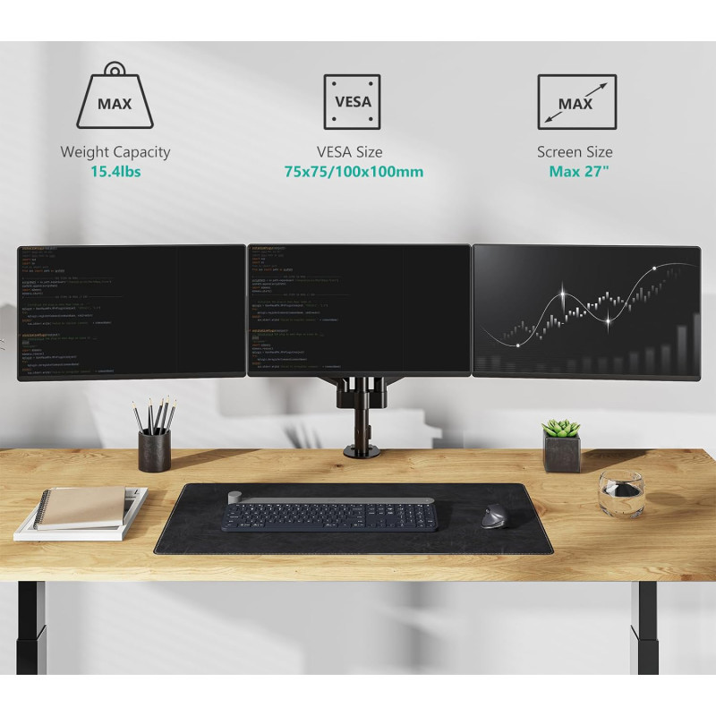 WALI GSDM003 Soporte para 3 monitores, hasta 27", VESA 75/100 mm, negro