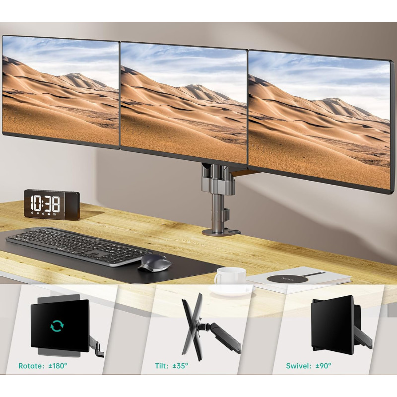 WALI GSDM003 Soporte para 3 monitores, hasta 27", VESA 75/100 mm, negro