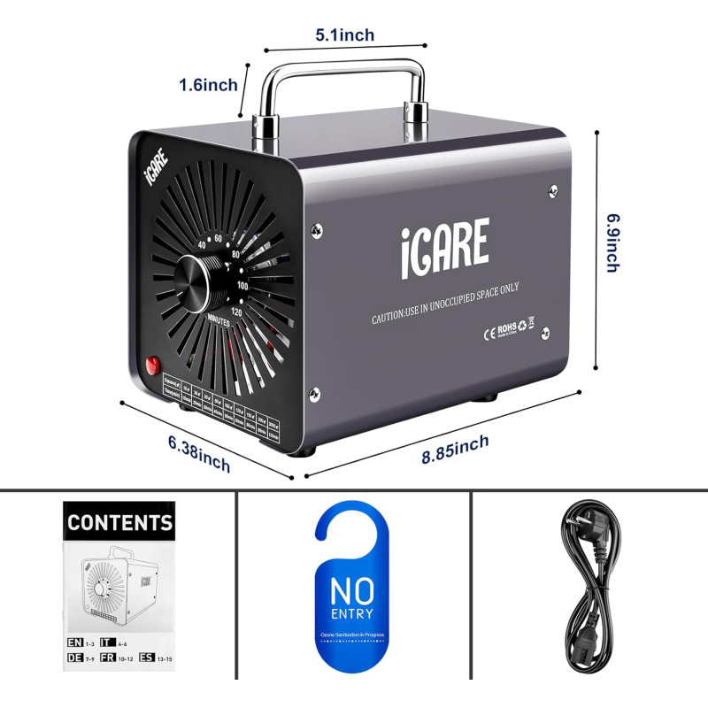 Generador de ozono ICARE 30000 mg/h, 45 W, 45 dB, 16,3 x 21,5 x 16 cm, gris
