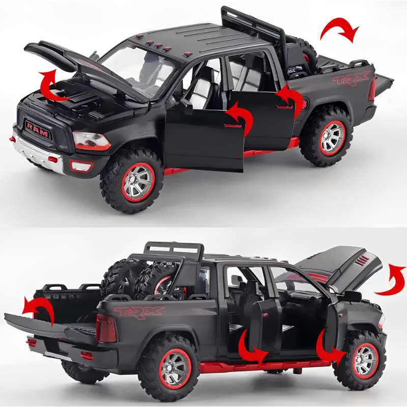 Dodge Ram TRX - Modelo de coche de metal a escala 1:32, miniatura realista con puertas que se abren y tracción trasera