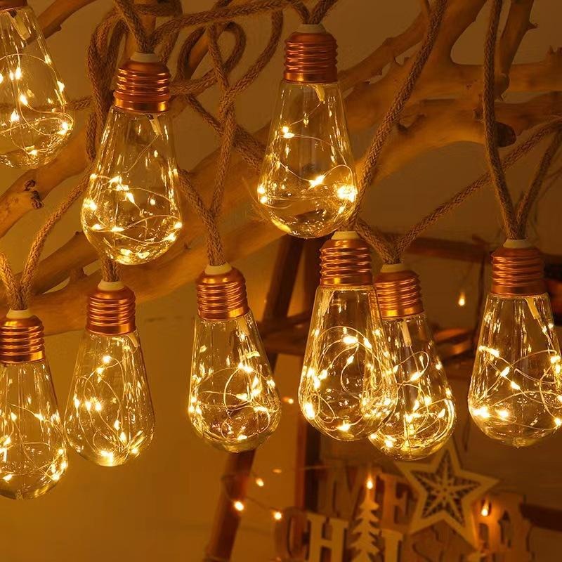 Guirnalda LED solar de 10 m con cuerda de cáñamo, luces navideñas vintage, duraderas.