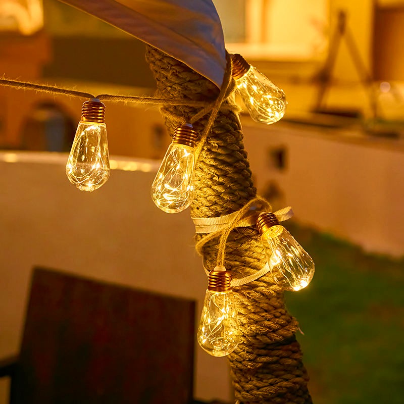 Guirnalda LED solar de 10 m con cuerda de cáñamo, luces navideñas vintage, duraderas.